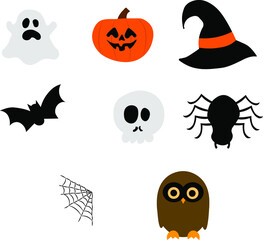 Halloween skull, pumpkin, witch's hat, spider, bat, ghost, web and owl vector illustration