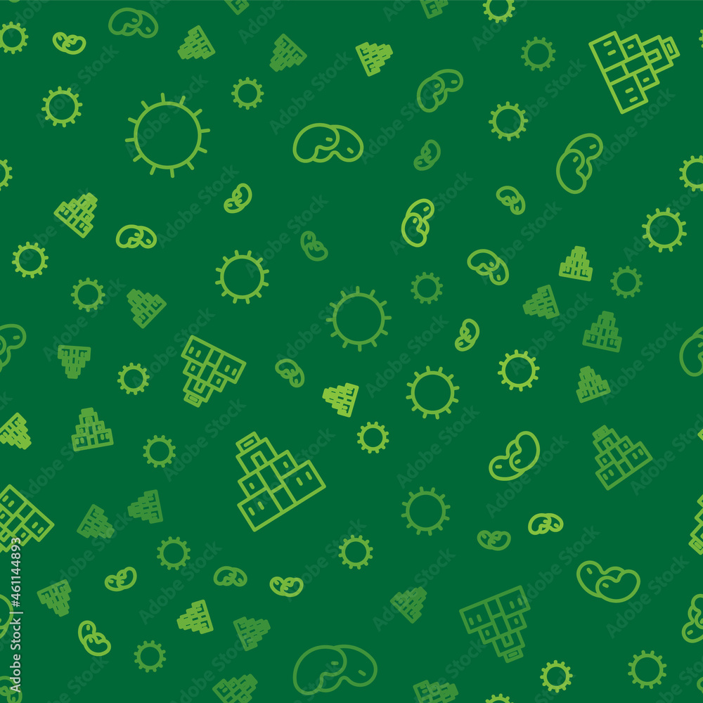 Poster set line sun, chichen itza in mayan and beans on seamless pattern. vector