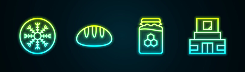 Set line Snowflake, Bread loaf, Jar of honey and Mausoleum Lenin. Glowing neon icon. Vector
