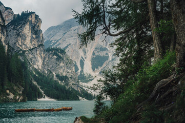 Lago di Braies (Braies lake, Pragser wildsee) Lake in South Tyrol, Italy ; moody evening (high ISO...