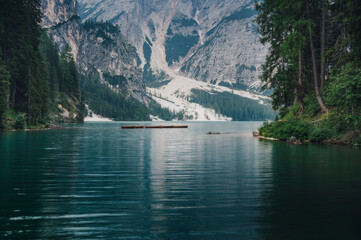 Lago di Braies (Braies lake, Pragser wildsee) Lake in South Tyrol, Italy ; moody evening (high ISO...