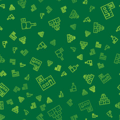 Set line Tequila bottle and glass, Mexican house and Chichen Itza in Mayan on seamless pattern. Vector