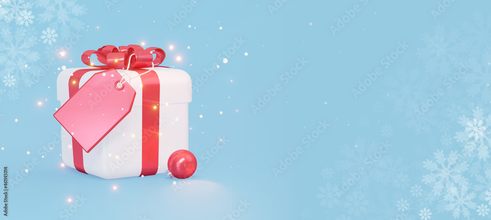 Poster a white gift with a red bow with a blank tag. a new year's holiday card with an empty space for text