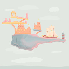 cartoon illustration castle in the clouds with ship, vector illustration