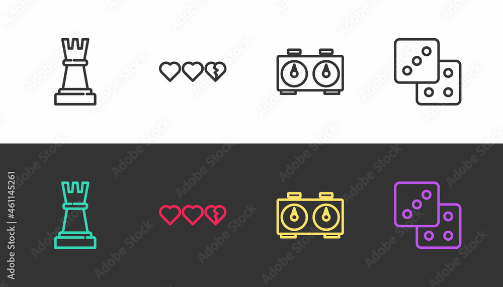 Poster set line chess, hearts for game, time chess clock and game dice on black and white. vector