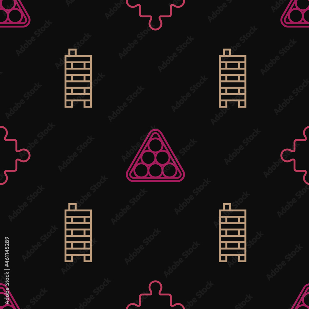Poster set line puzzle pieces toy, mahjong and billiard balls in triangle on seamless pattern. vector