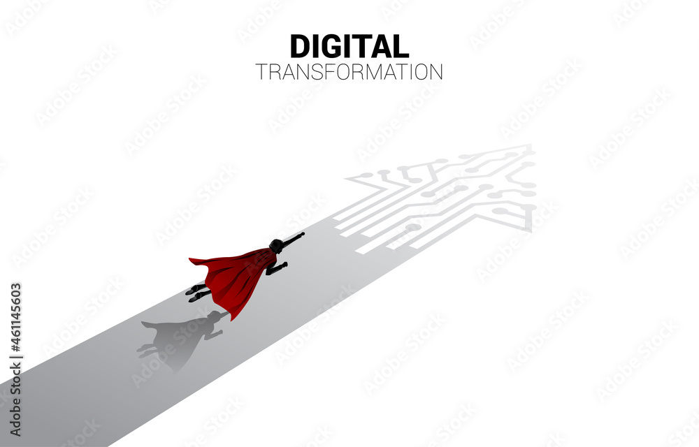 Poster silhouette of flying on the arrow dot connect circuit board style. concept of digital transformation