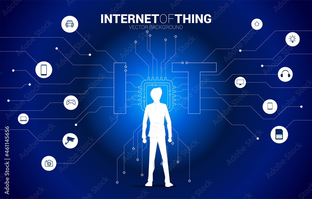 Poster Silhouette of Businessman standing with CPU processor on center of IoT icon. Concept for internet of Things Technology.