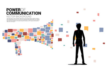 Silhouette of businessman standing with Big Megaphone from small bubble speech icon. Concept for power of comment and communication.