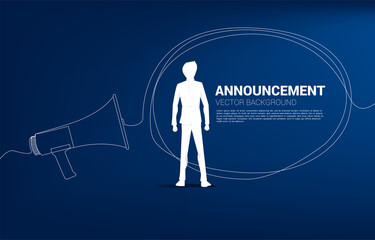 Silhouette businessman standing with Megaphone with talk bubble single line graphic style. Poster for announcement and communication template.