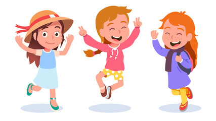 Preschooler girls jumping raising hands joyfully