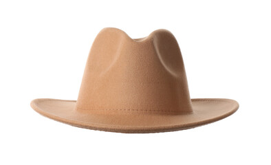 Stylish beige hat isolated on white. Trendy headdress