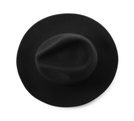 Stylish black hat isolated on white, top view. Trendy headdress