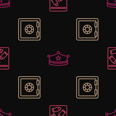 Set line Evidence bag and bullet, Safe and Police cap with cockade on seamless pattern. Vector