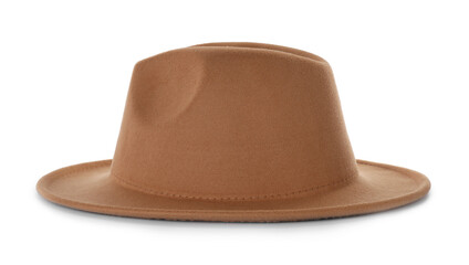 Stylish beige hat isolated on white. Trendy headdress
