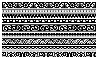 Polynesian decorative vector ornaments. Seamless border patterns inspired by Tahitian, Marquesan, and Maori art. - obrazy, fototapety, plakaty