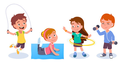 Fit boys, girls training, doing sport exercises