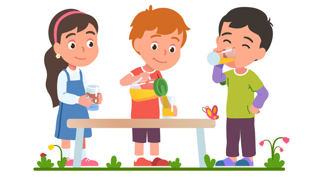 Boy sharing lemonade or juice with friends