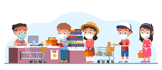 Buyers in masks buying food. Coronavirus pandemic