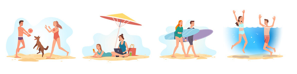 Fototapeta na wymiar Tourists on vacation having fun, relaxing on beach