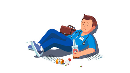 Drunk doctor lying on floor holding bottle