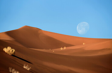 view from Nature and landscapes of dasht e lut or sahara desert with full moon in the sky. Middle...