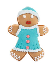 Gingerbread woman isolated on white. Delicious Christmas cookie