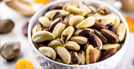 bowl with shelled Brazil nuts, also called bolivian nuts or 