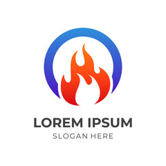 fire and circle logo design template concept vector with flat blue and orange color style