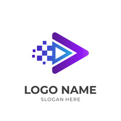 play and tech logo design template concept vector with flat blue and purple color style
