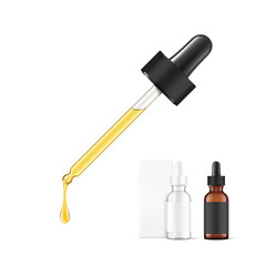 Pipette mockup for dropper bottle  isolated on white background. Vector illustration. Front view. Сan be used for cosmetic, medical and other needs. EPS10.