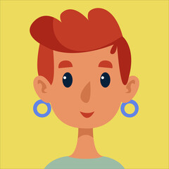 Girl with short red hair and earrings, avatar. Portrait of a cute character. Vector illustration in cartoon children s style. Isolated funny clipart