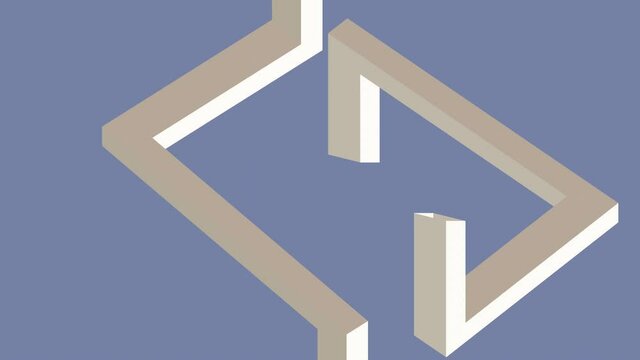 Penrose triangle graphic paradox, rotating solids at a certain angle, displays a paradoxical geometric 3D solid. Triangular arrow pointing to the right. White body on a blue background.