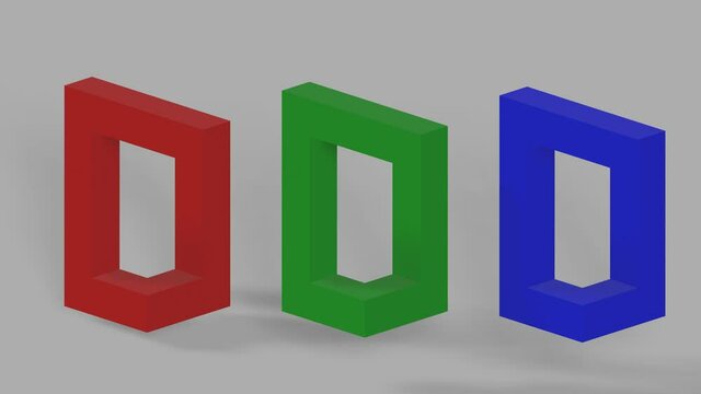 Three impossible boddies in red, green and blue rotating on grey background. Paradox graphics, optical illusion. 3d magic trick.