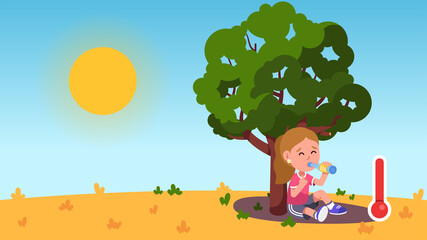 Kid sitting under tree drinking water on sunny day