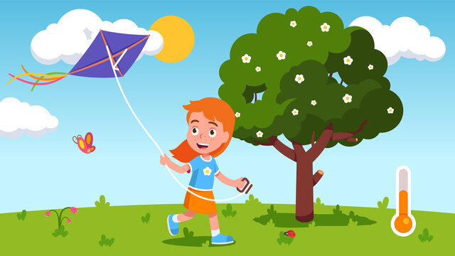 Kid running, flying kite holding rope on sunny day