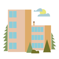 A multi-storey residential building in a green color against a background of woods. Vector illustration of architecture in cartoon flat style. Isolated funny clipart on a white background. Cute print