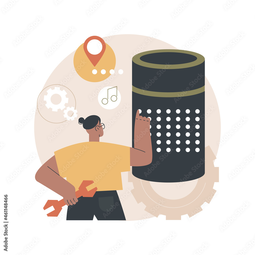 Poster smart speaker apps development abstract concept vector illustration. app development platform, smart