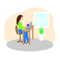 Fototapeta premium Beautiful young woman working on laptop, home office, remote work, flat design style
