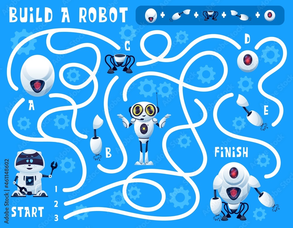 Leinwandbilder kids game build a robot maze with cartoon artificial intelligence bots and spare parts. vector educa
