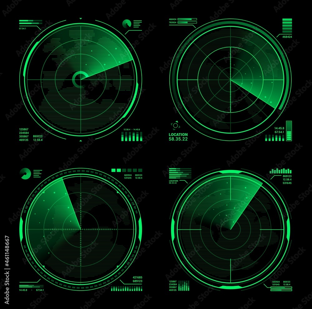 Poster HUD military radar or vector navy sonar display screen interface of navigation system. Futuristic digital head up display of army search technology, green neon grid of detection equipment