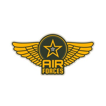 Air forces patch vector icon of wings, shield and star. Military aircraft wings isolated heraldic badge of army or navy aviation division, squadron, flight or group, armed service heraldry