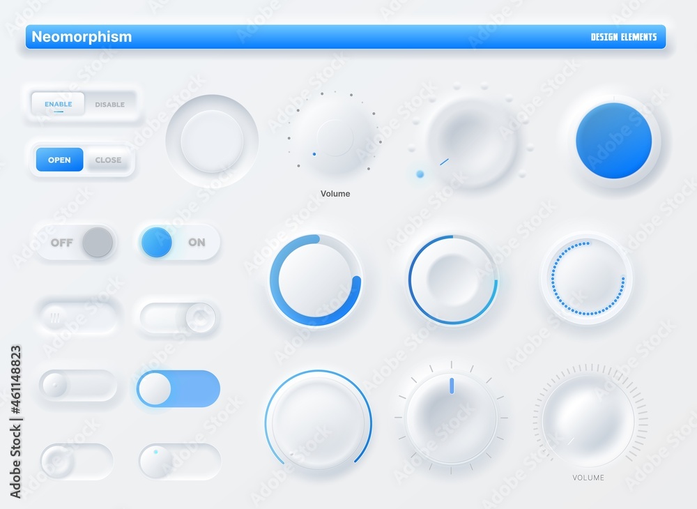 Poster Neumorphic knob UI kit, mobile application buttons, user interface or UX. Buttons, on off sliders, switches and volume control knobs of mobile and website app GUI, minimal neumorphism