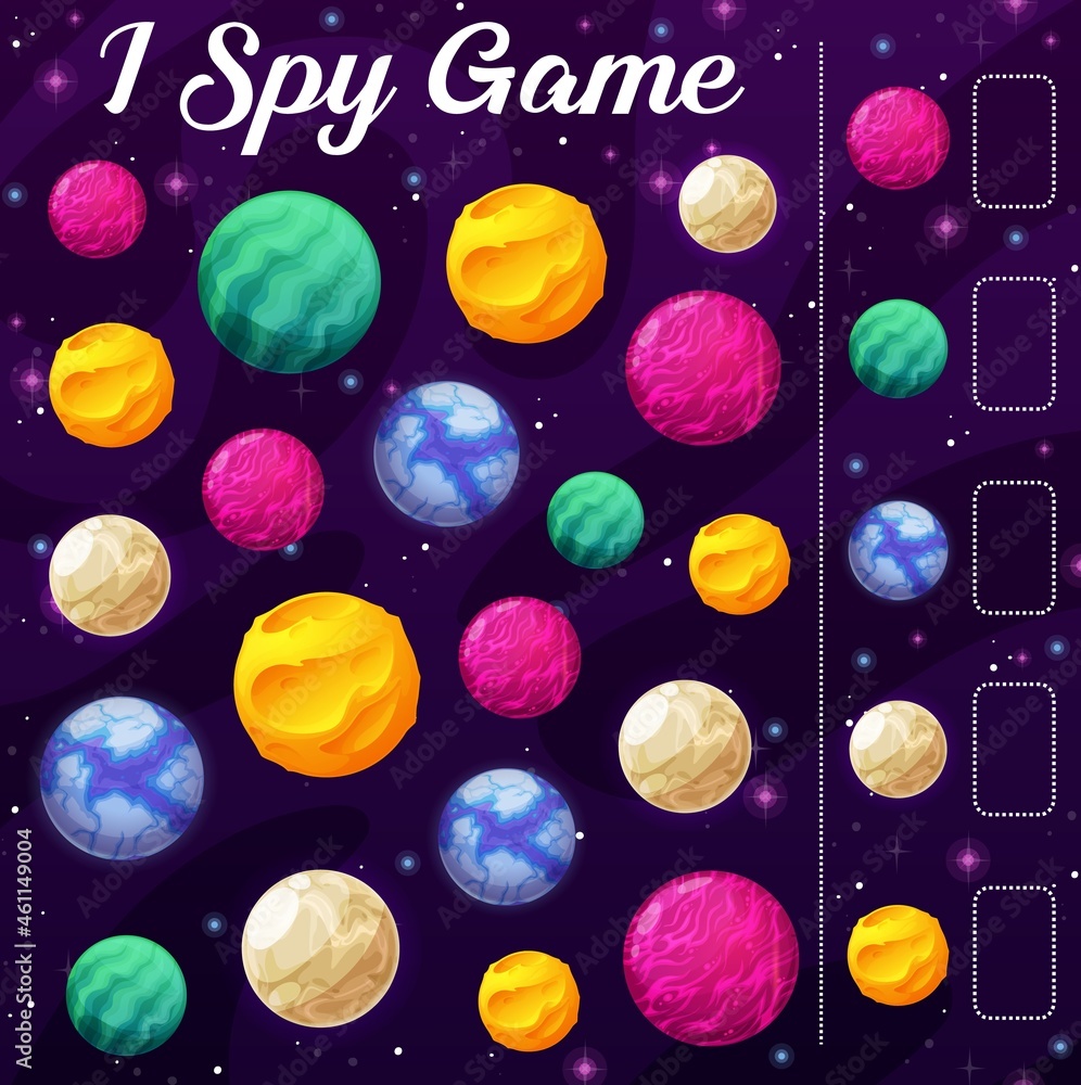 Poster kids game with space planets. child i spy playing activity, children educational puzzle with with ca