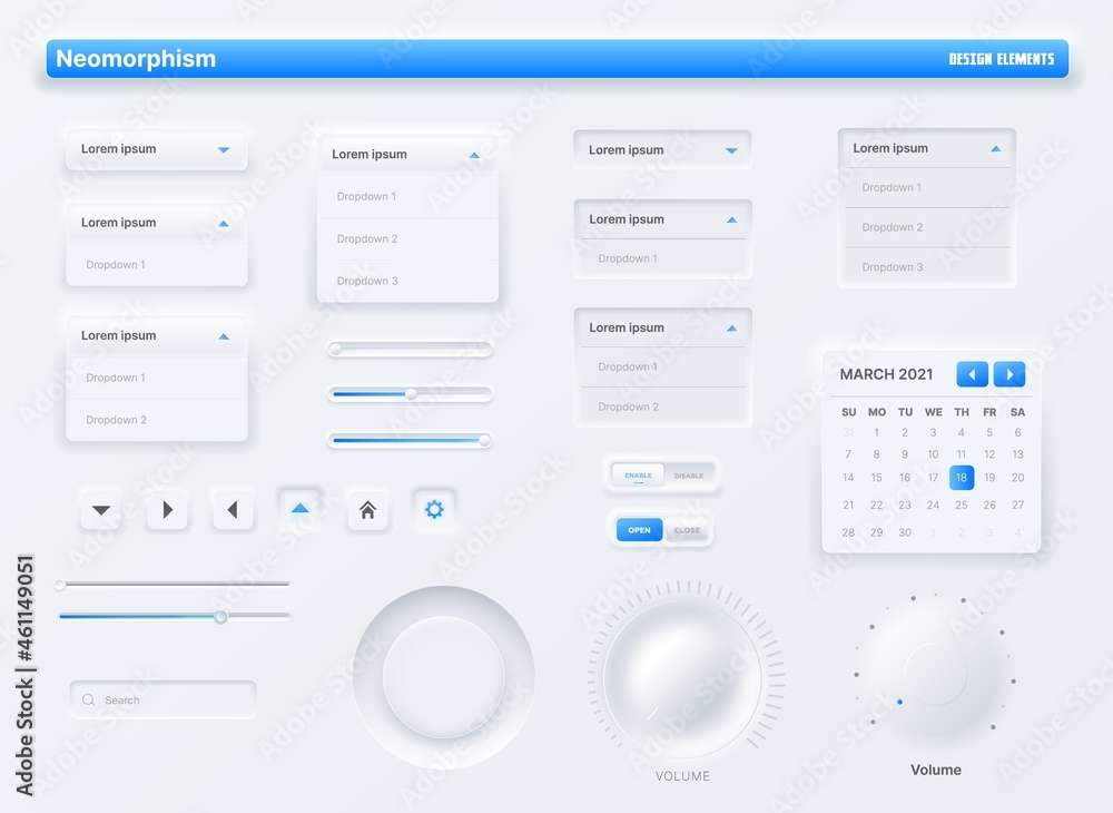 Poster Neumorphic UI, user interface buttons, search bars and switches. Vector UX kit for mobile application, web social media with knob, volume buttons and sliders, search box, action bars and calendar
