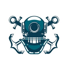 Marine heraldic icon of diving helmet and crossed anchors, vector nautical and seafaring symbol. Retro marine aqualung or underwater vintage diving helmet of sea scuba diver