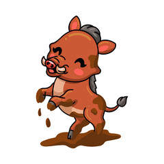Cute little wild boar cartoon playing a mud