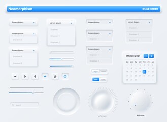 Neumorphic UI, user interface buttons, search bars and switches. Vector UX kit for mobile application, web social media with knob, volume buttons and sliders, search box, action bars and calendar - obrazy, fototapety, plakaty