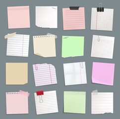 Blank paper notes, sticker notepads and to do memo messages, vector set. Sticky notes or sheet list posts on office board, memo notices and notepaper pages on adhesive tape, reminders on pin clips