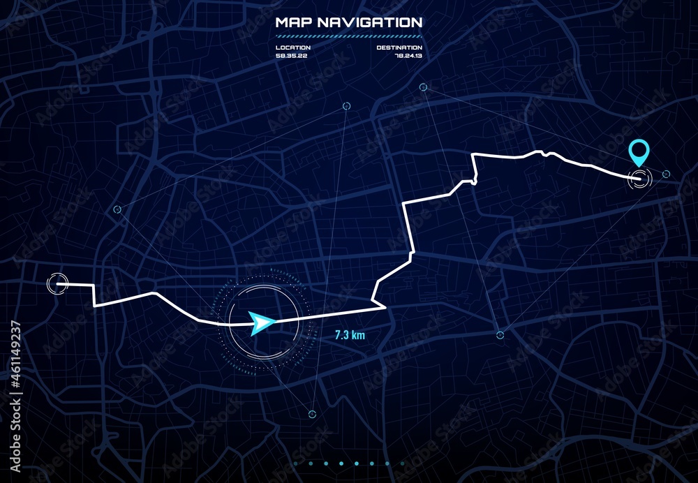 Poster Route dashboard with city map navigation interface. Car GPS navigator screen, future autopilot system display with city streets and blocks, route distance data, path turns and destination tag or mark
